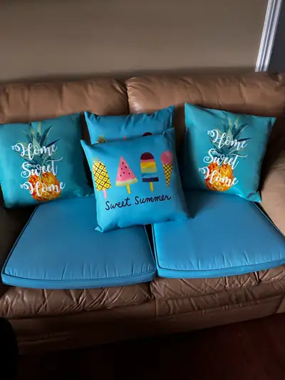 $25 for all 6 cushions 4 throw and 2 chair bottoms 20 w at bottom x 12.6 length Throw cushions 14x14