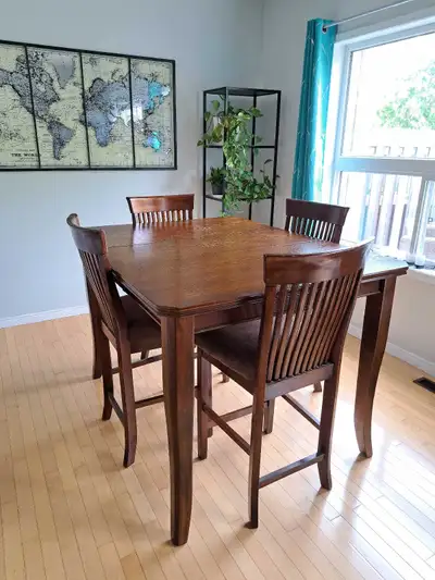 Solid wood high dining table with 4 chairs newly reupholtered, View more