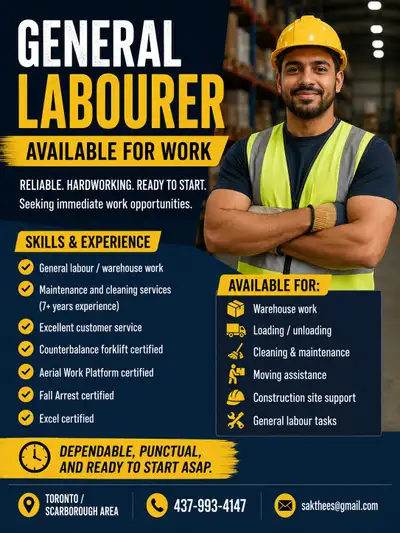 GENERAL LABOURER AVAILABLE FOR WORK Reliable and hardworking general labourer seeking immediate work...