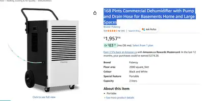 Commercial Dehumidifier with Pump and Drain Hose, View more