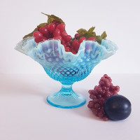 Vintage Fenton Opalescent Hobnail Glass Ruffle Top Bowl