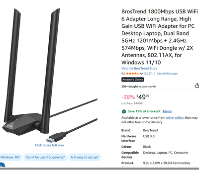 BrosTrend 1800Mbps USB WiFi 6 Adapter Long Range, High Gain, View more