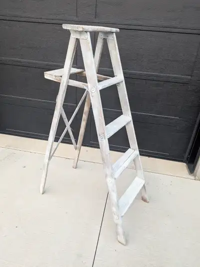 5' antique wooden step ladder painted white, View more