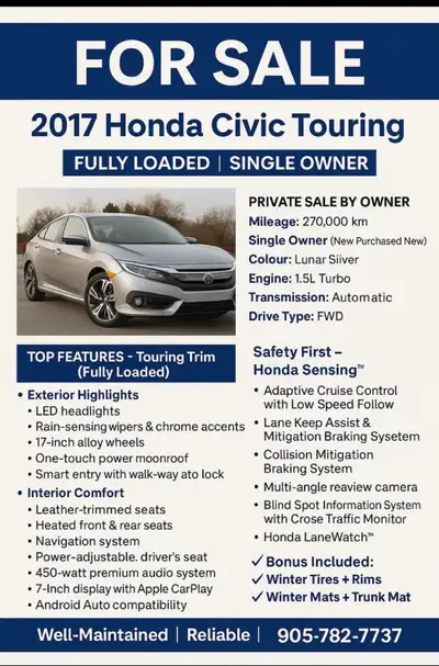 I'm selling my well-maintained 2017 Honda Civic Touring, a fully loaded sedan with a 1.5L Turbo engi...