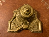 Antique French Brass Hinged Inkwell with a Porcelain Inkwell