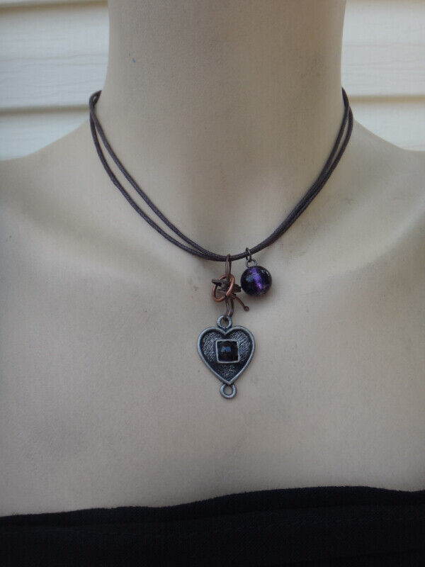 Brown Double Rope Necklace with Heart and Purple Bead Pendants in Jewellery & Watches in Thunder Bay - Image 3
