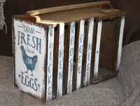VINTAGE WOODEN CHICKEN CRATE WITH HANDPAINTED BLUE & WHITE ART