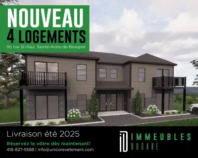 Logements neuf 4 1/2 à louer 1er juillet 2025 à Beaupré