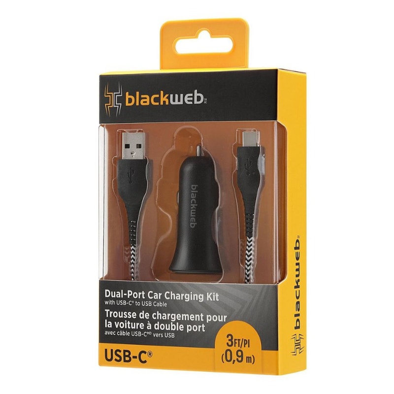 blackweb DualPort 3 FT USBC to USB Cable Car Charging Kit (Bla