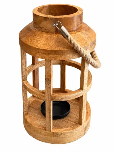 Rustic Wooden Candle Lantern with Rope Handle – 15” Tall, View more