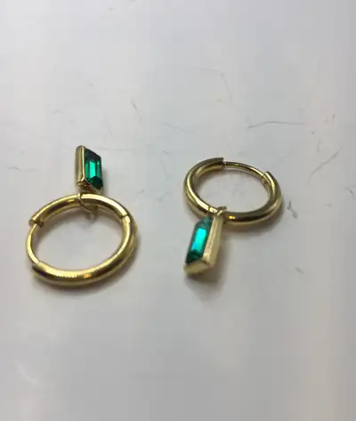 14k Yellow Gold Charm Huggies Earrings – Emerald-Green CZ – Eleg, View more