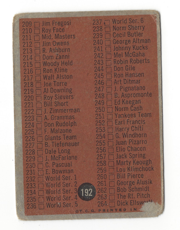 1962 Topps Baseball #192 Unmarked 3rd Series Checklist Card in Arts & Collectibles in City of Toronto - Image 2