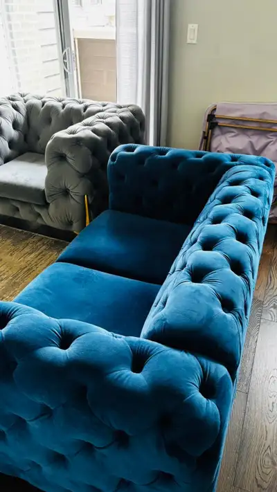 Luxurious Tufted Velvet Living Room Set - Blue Sofa, Grey Armcha, View more