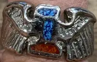 Native Eagle Ring, Turquoise and Coral accents, very nice piece.