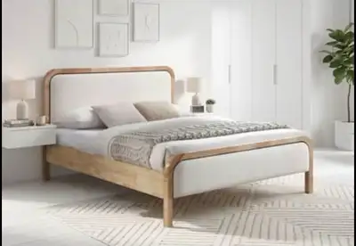 Beige Cream Fabric Wood Platform Bed- Queen or King, View more