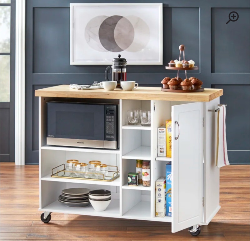 Drolet 48" wide rolling kitchen cart island with solid wood top