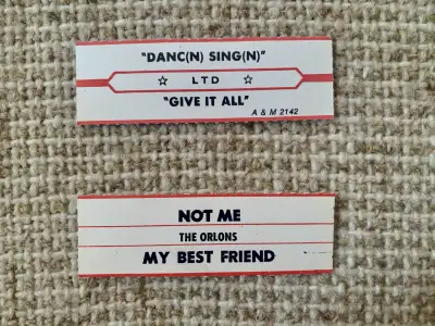 Juke Box labels The Orlons- Not Me / My Best Friend LTD - Danc(n) Sing(n) / Give it All B11 Both lab...