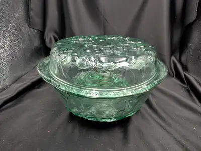 Vintage Libbey Orchard Fruit Green Glass Covered Casserole Dish, View more