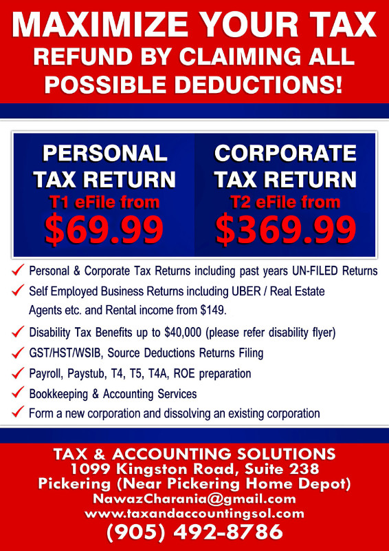 PERSONAL/CORPORATE TAX RETURNS PREPARATION AND EFILING SERVICES in Financial & Legal in Oshawa / Durham Region