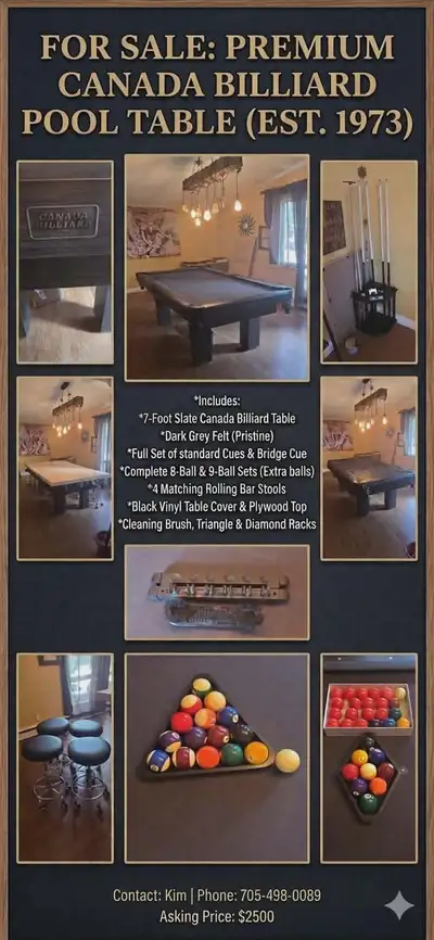 3 piece slate 3.5’ X 7’ (same size as bar box) comes with 8&9 Ball Racks, 4 cues, rake, tabletop cue...
