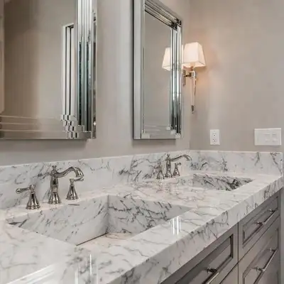 Modern Bathroom Vanity with Warm Wood Cabinets, View more