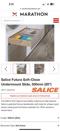 Salice Futura 6555  under mount Soft Close drawer Slides 20”
