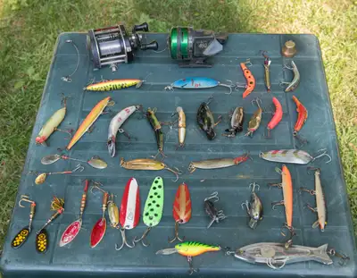 FISHING TACKEL BOX WITH LURES REELS OLD SCHOOL SPINNERS, View more