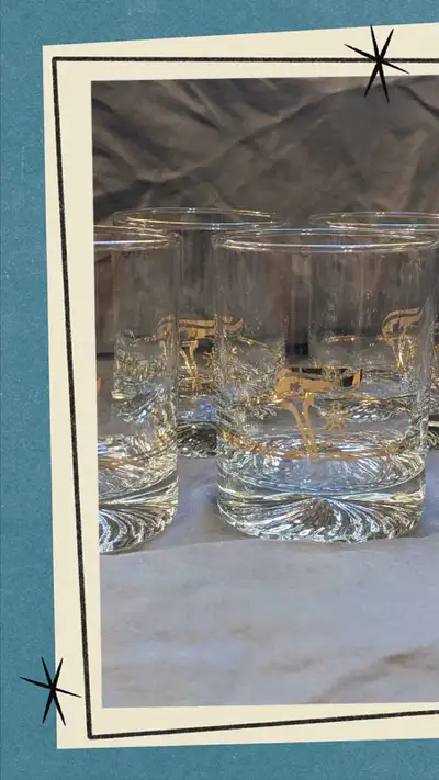 Set of 6, 1988 Calgary Olympic glasses. Glasses have gold trim and Olympic logo and rings. Some slig...