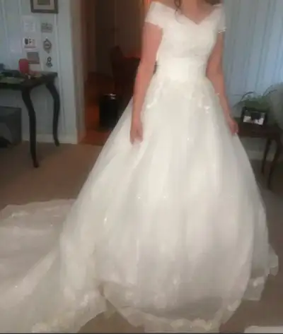 Off-the-Shoulder Lace-Up Wedding Dress with Train, View more