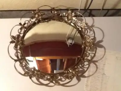 VINTAGE CONVE MIRROR IN BRASS FLORAL ORNATE FRAME. 081, View more
