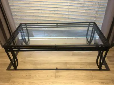 Coffee & 2 end tables - Black metal base with glass insert, View more