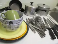 Assorted Camping Pots, Dishes, Cutlery, etc.
