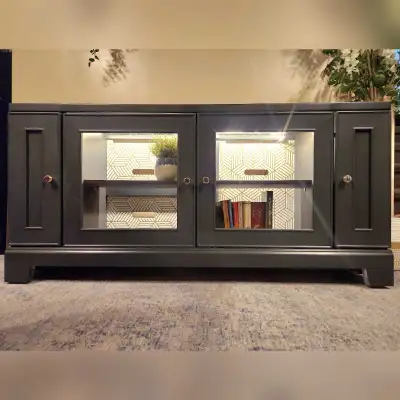 Modern Black TV Stand – Smoked Glass & LED Lighting, View more