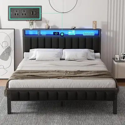 Black PU leather bed frame with sockets and LED lights, View more