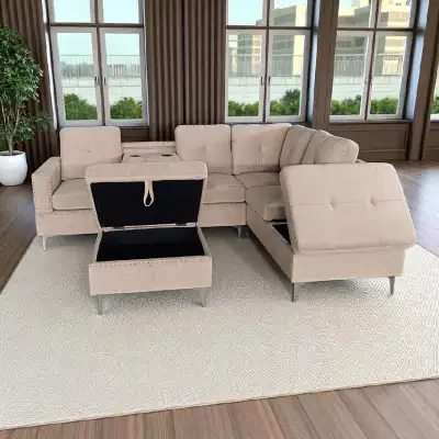 Sectional Soft Fabric Linen Sofa + Ottoman & Side Space , View more