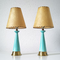 PAIR OF ATOMIC TURQUOISE MCM CERAMIC AND BRASS TABLE LAMPS