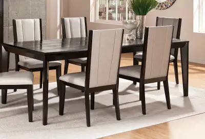 High end black dining set: 1 big table (solid wood) and 5 grey leather chairs. Like-new condition (a...