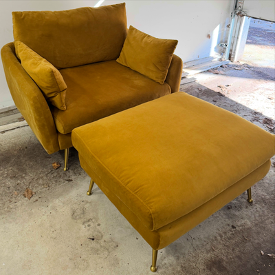 Velvet Armchair + Ottoman – Mid Century Modern – Good Condition, View more