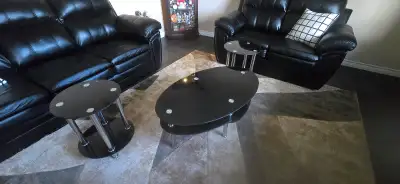 Black leather Couch and love seat, minimal use and in great shape. 3 tables in pictures are also ava...