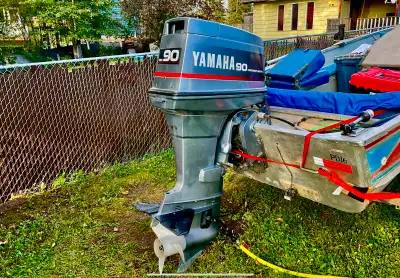 Two stroke 90 hp Yamaha. Purchased on a 16 foot boat.. change to smaller jet motor. Too much power f...