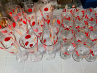 32 Pieces! MCM Red Cherry & Gold Leaf Glassware