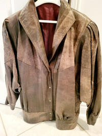Vintage Woman Leather Brown Jacket Coat Oversize Shoulders L-XL