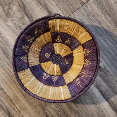 Woven basket wall decor (purple & brown/dark mustard colour), View more