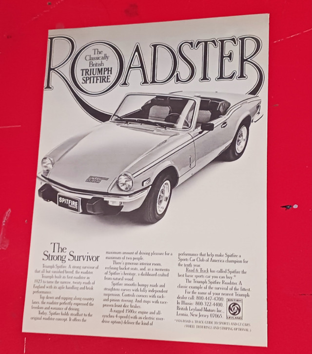 CLASSIC 1976 TRIUMPH SPITFIRE ROASTER ORIGINAL CAR PRINT AD dans Art et objets de collection  à Ville de Montréal
