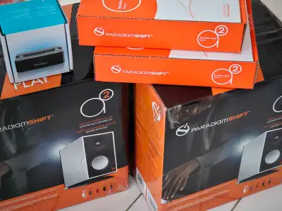 Paradigm Shift A2 amplified studio monitor speakers with stands, new, sealed Bi-amplified with DSP U...