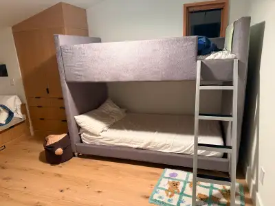 Twin over twin. Sturdy and in excellent condition. Easy to assemble. Will include 2 free IKEA Matran...