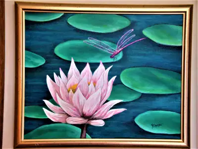 Acrylic Painting ,  Water Lilly with Dragon Fly, View more