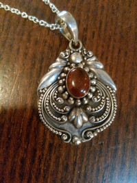 925 Sterling Bali Boho Ornate  Amber Pendant & Chain 6.2g
