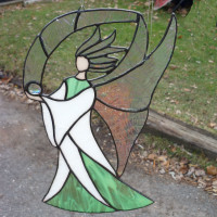 $50 Stained glass iridescent fairy with crystal ball suncatcher