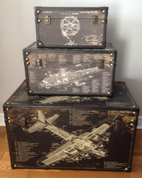 3 WOODEN AERONAUTICAL THEMED STORAGE CHESTS